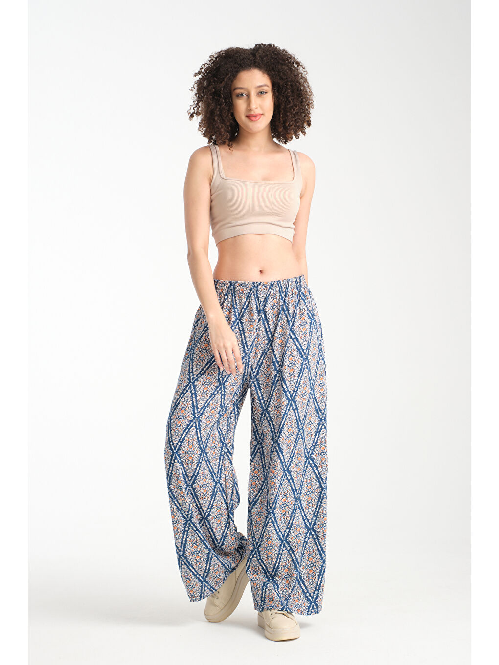 Petrol Kadın Desenli Dökümlü Viskon Pantolon 1064-1