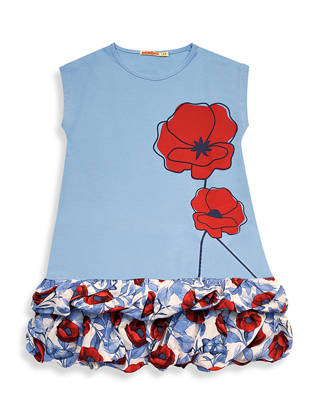 Mavi Kırmızı Gelincik Kız Çocuk Balon Elbise-2