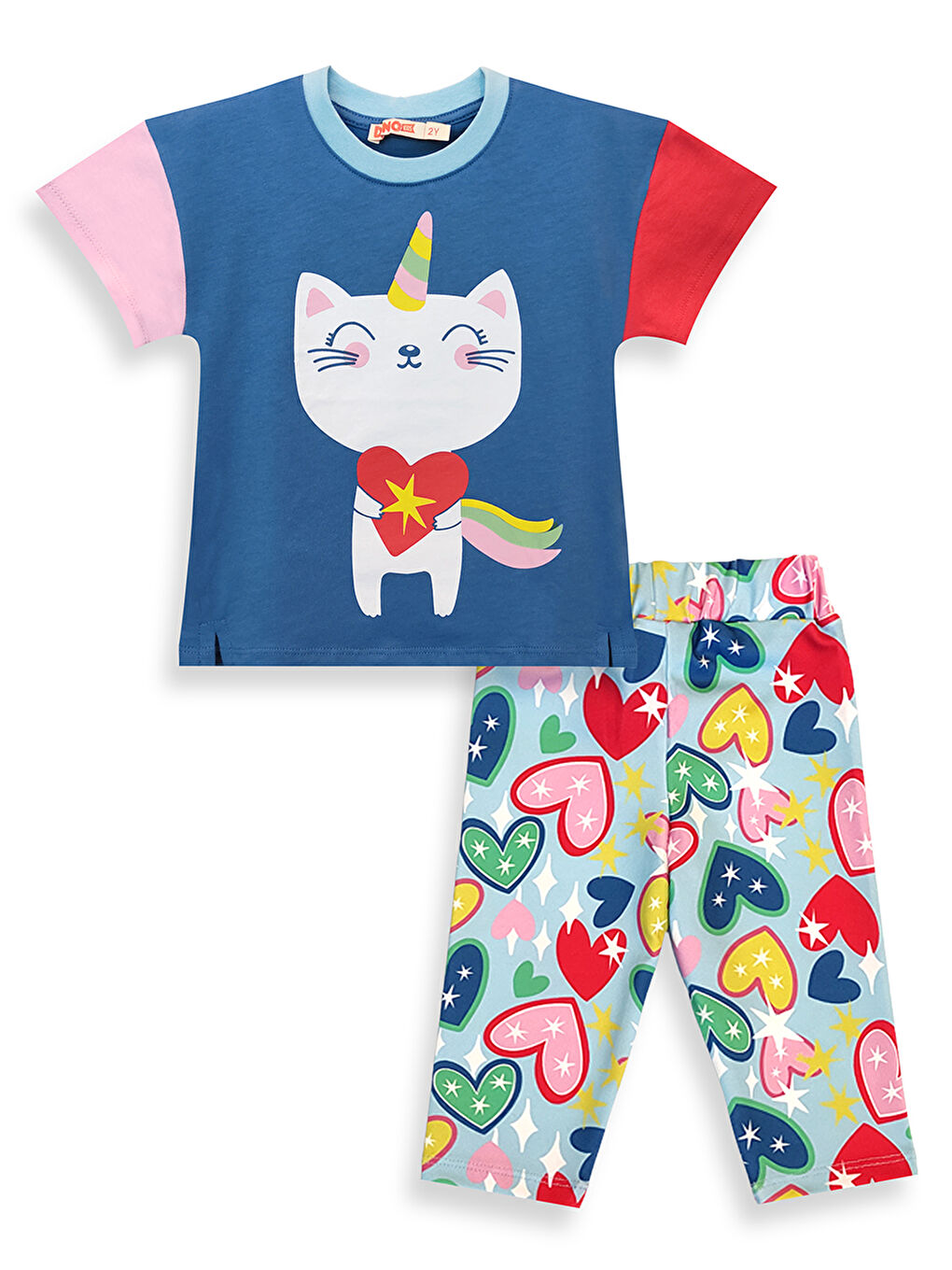 Mavi Kalpli Kedi Kız Çocuk T-shirt Tayt Takım-2