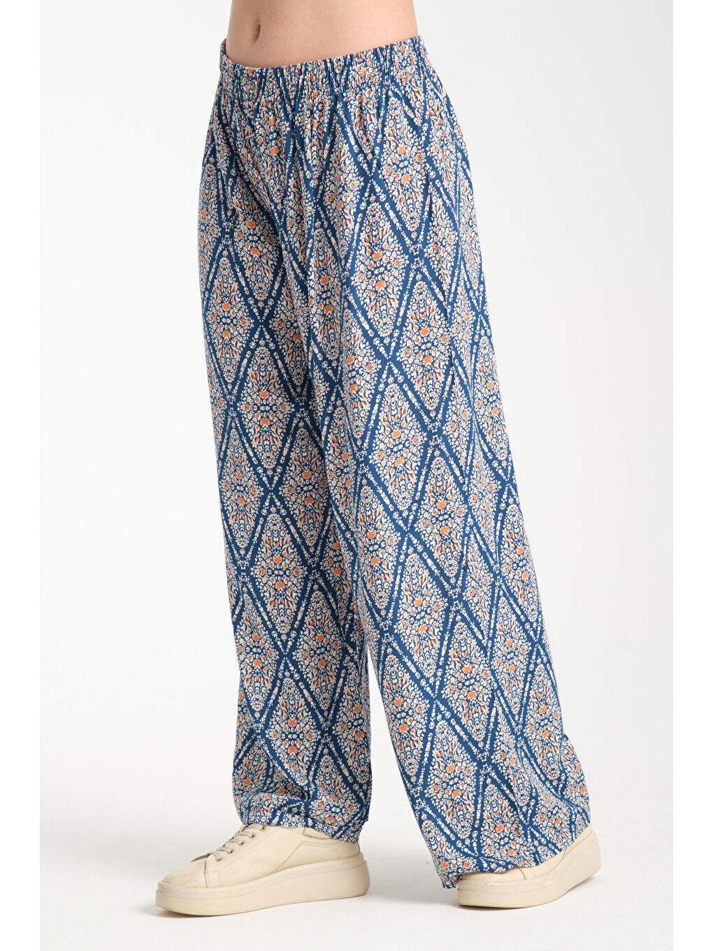 Petrol Kadın Desenli Dökümlü Viskon Pantolon 1064-2