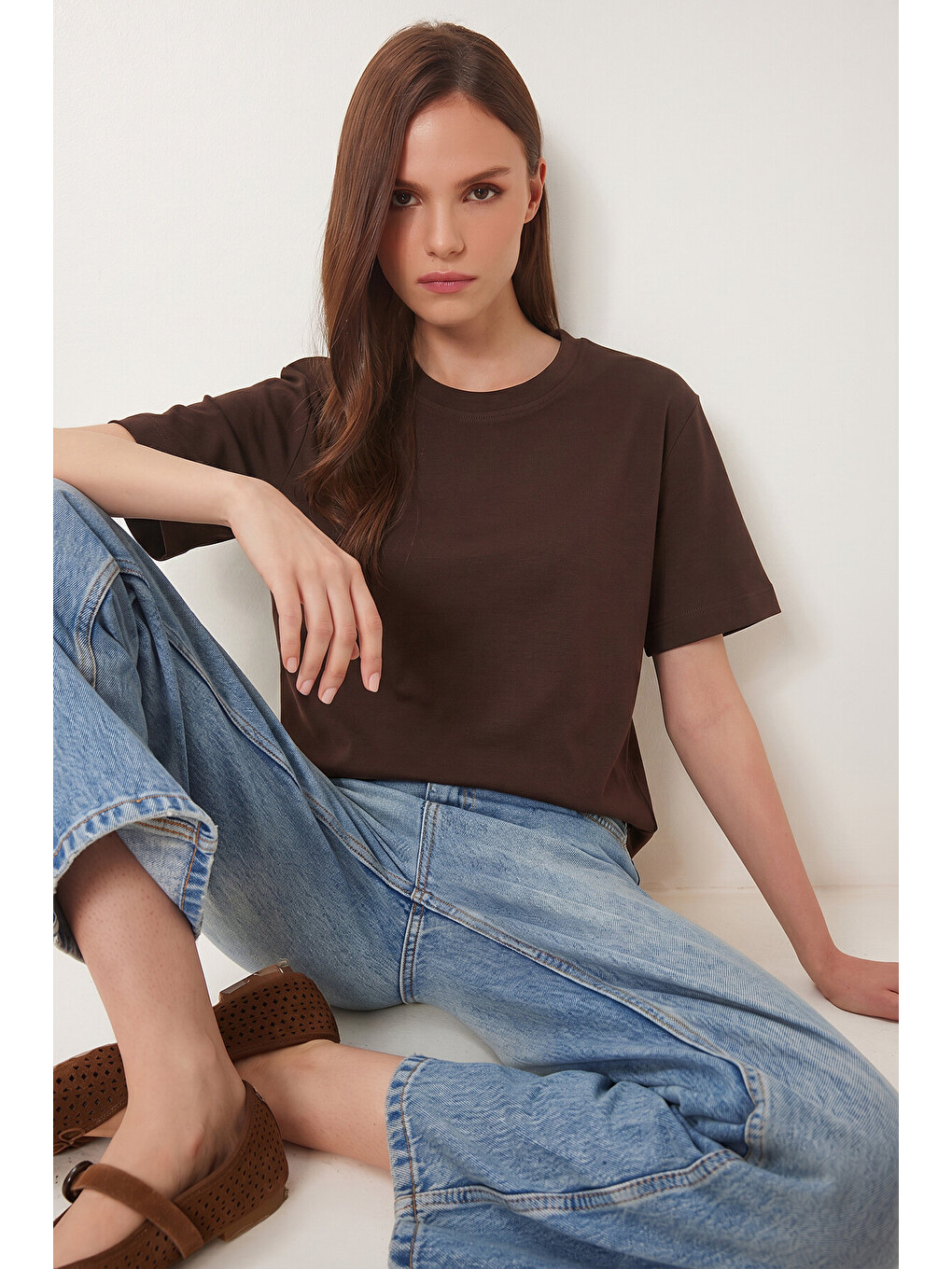 Basic Pamuklu Örme T-shirt Kahverengi Lus0094