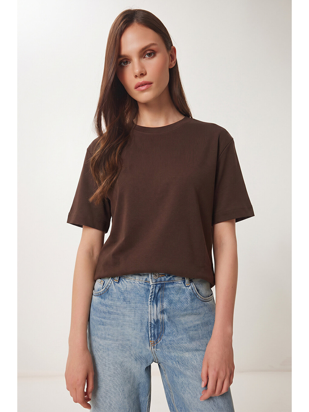 Basic Pamuklu Örme T-shirt Kahverengi Lus0094-1