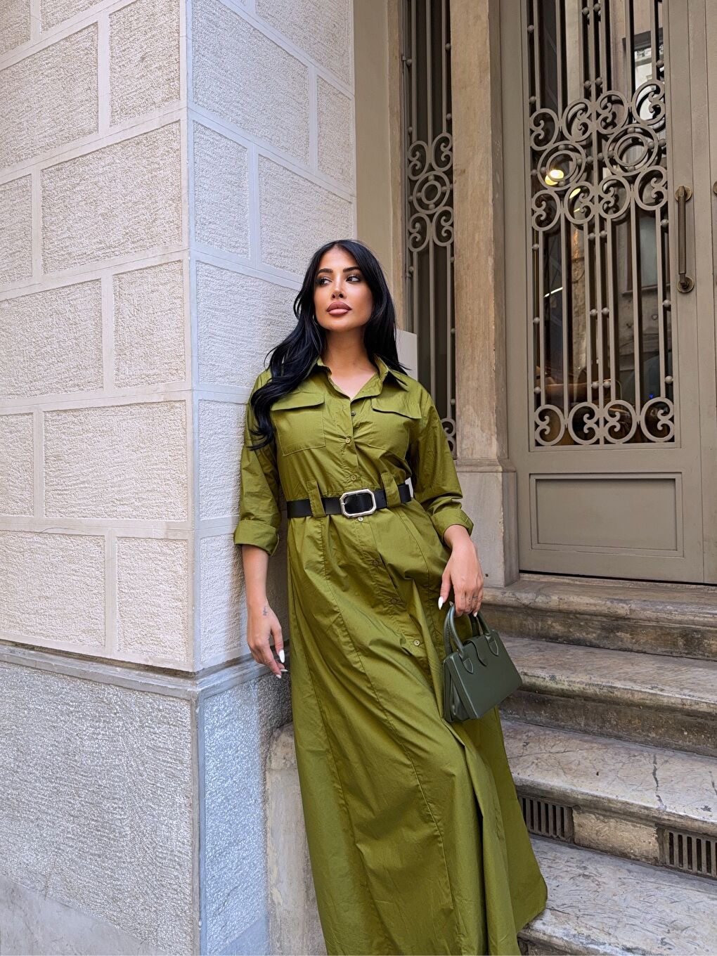 Çift Cep Detay Gömlek Elbise Yeşil-3