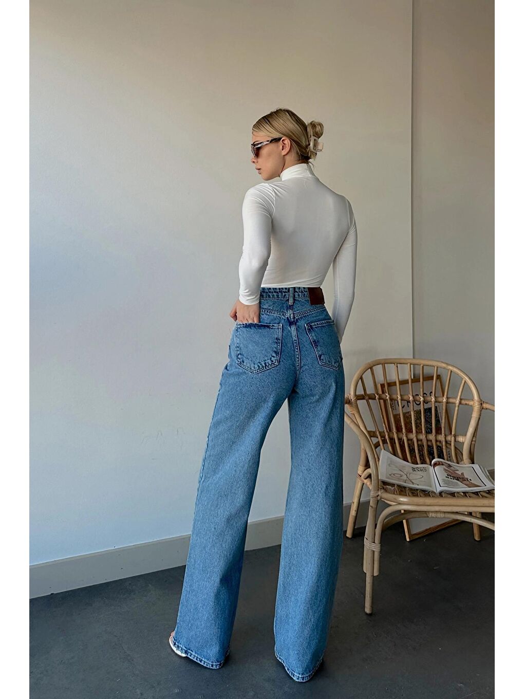 Mavi Yüksek Bel Beş Cepli Palazzo Jean-4