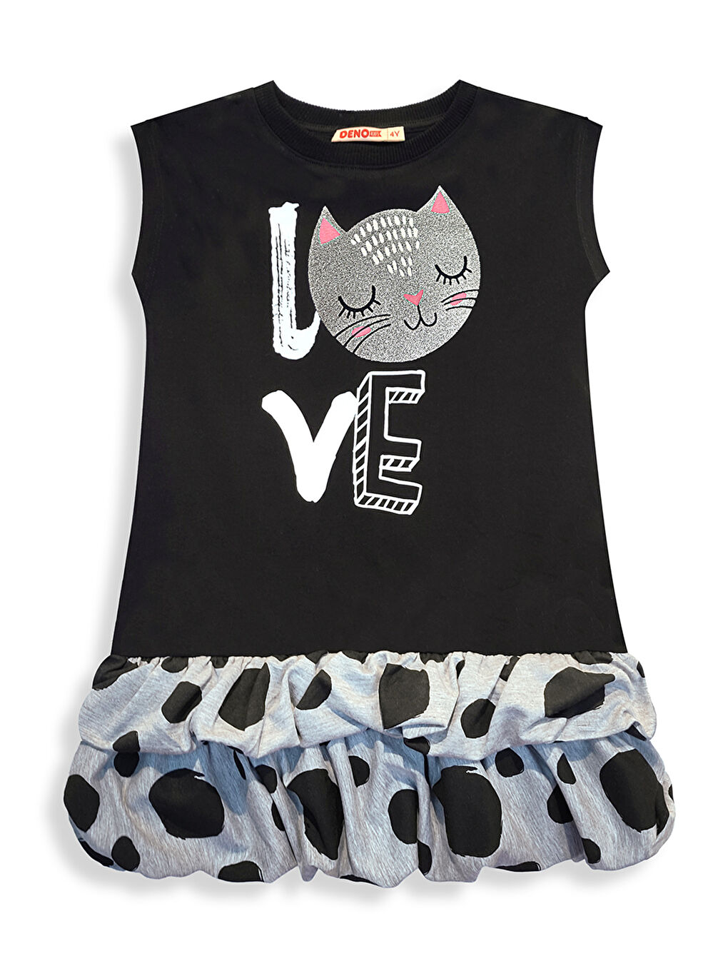 Siyah Puantiye Kedi Kız Çocuk Balon Elbise-2