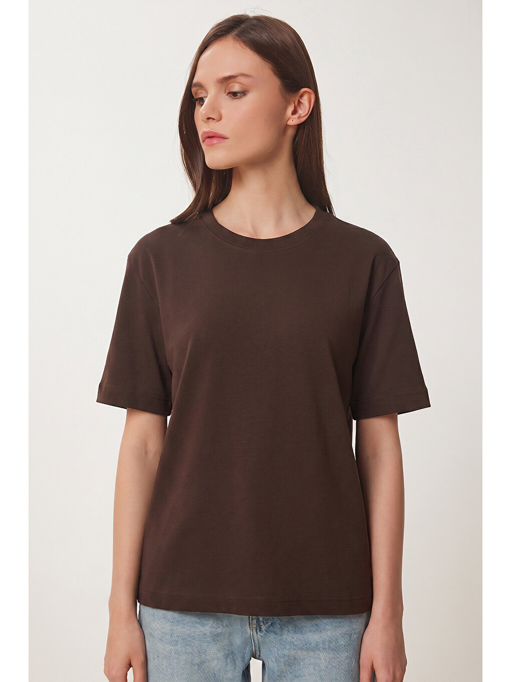 Basic Pamuklu Örme T-shirt Kahverengi Lus0094-2