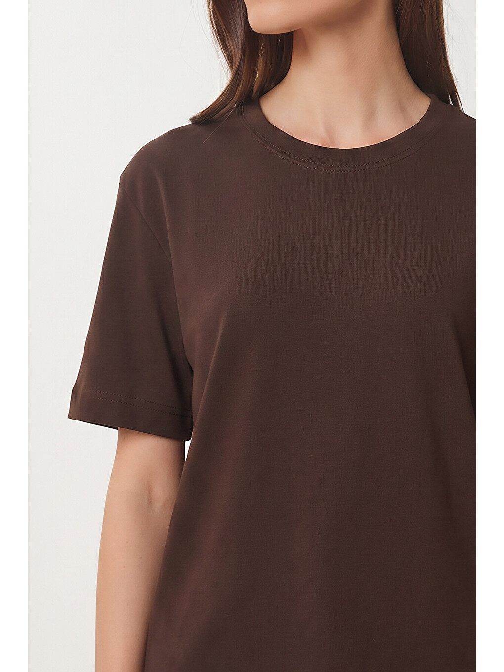 Basic Pamuklu Örme T-shirt Kahverengi Lus0094-3