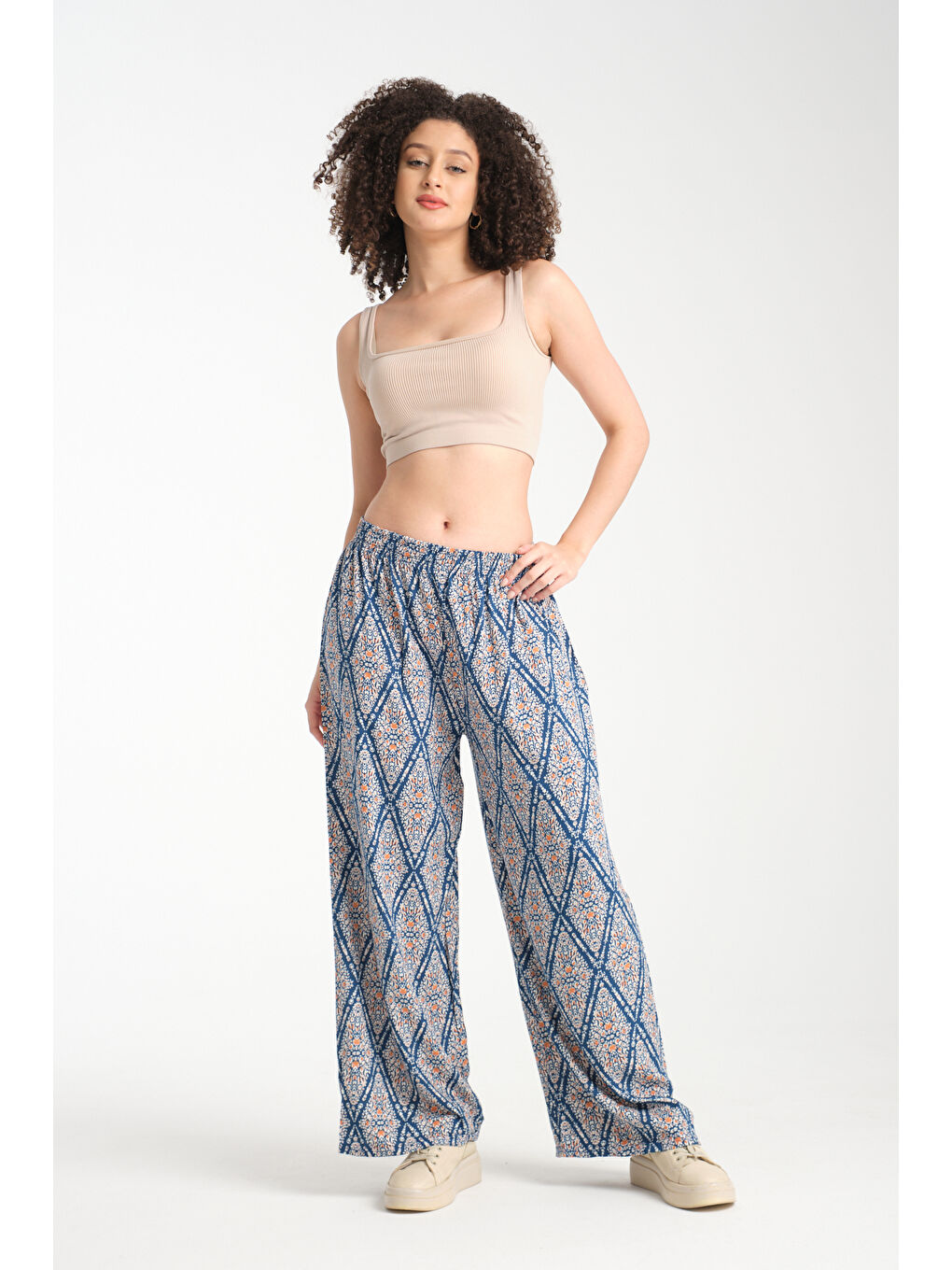 Petrol Kadın Desenli Dökümlü Viskon Pantolon 1064-4