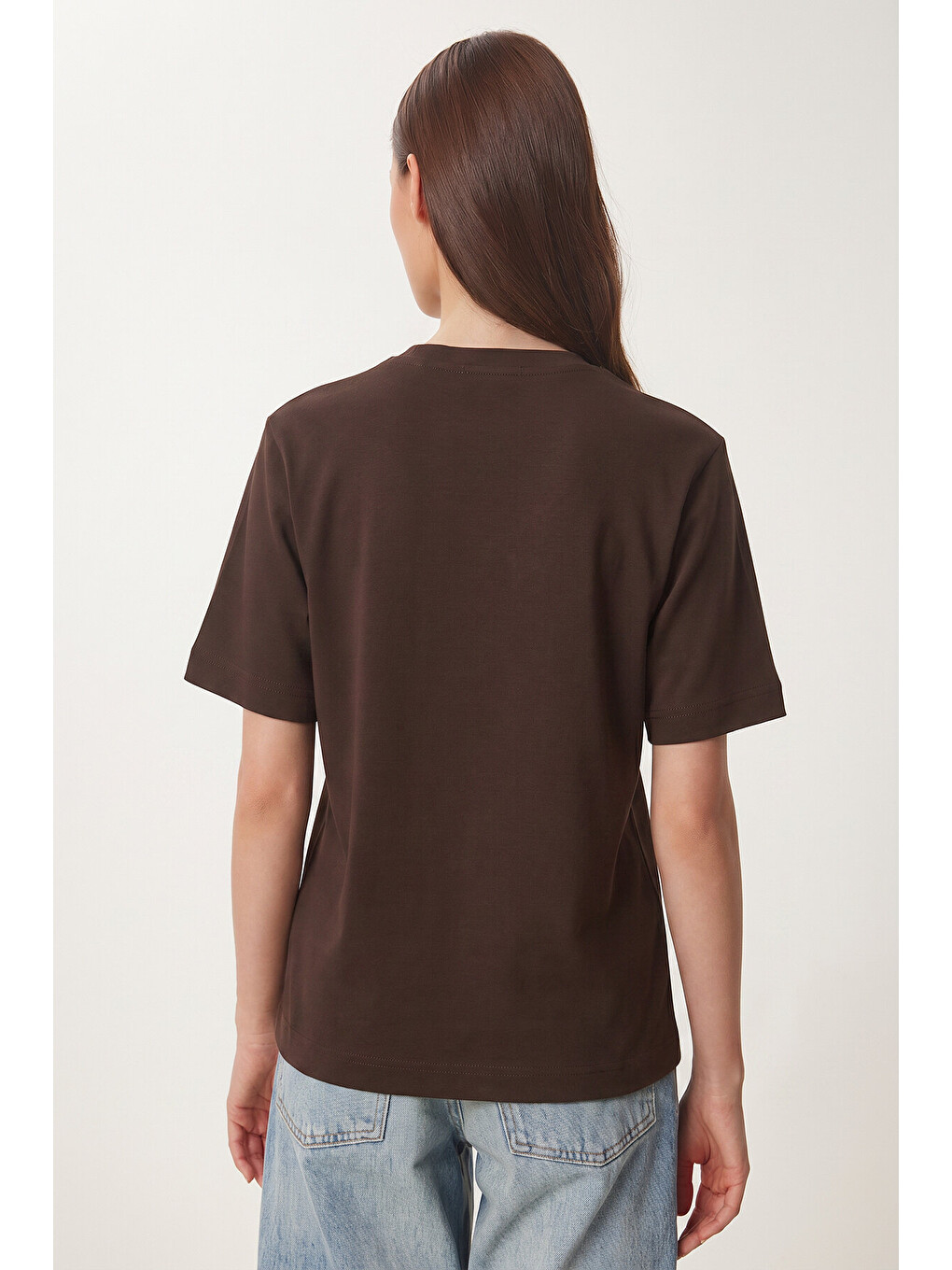Basic Pamuklu Örme T-shirt Kahverengi Lus0094-4