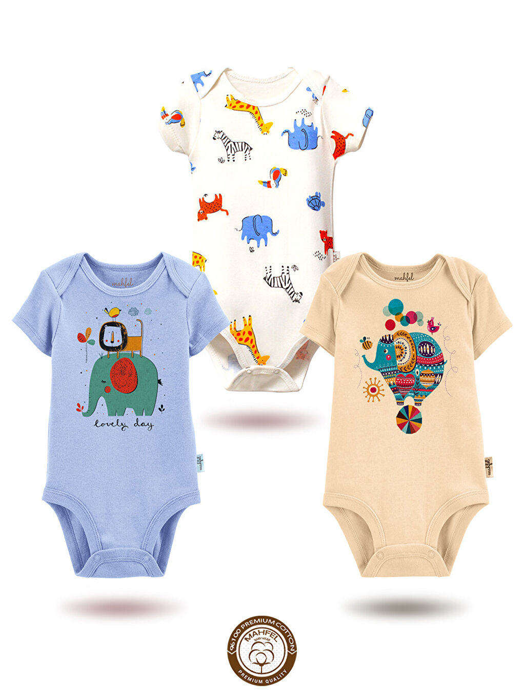 Turuncu 3'lü %100 Pamuklu Organik Baskılı Kısa Kollu Çıtçıtlı Bebek Body Zıbın 656-473