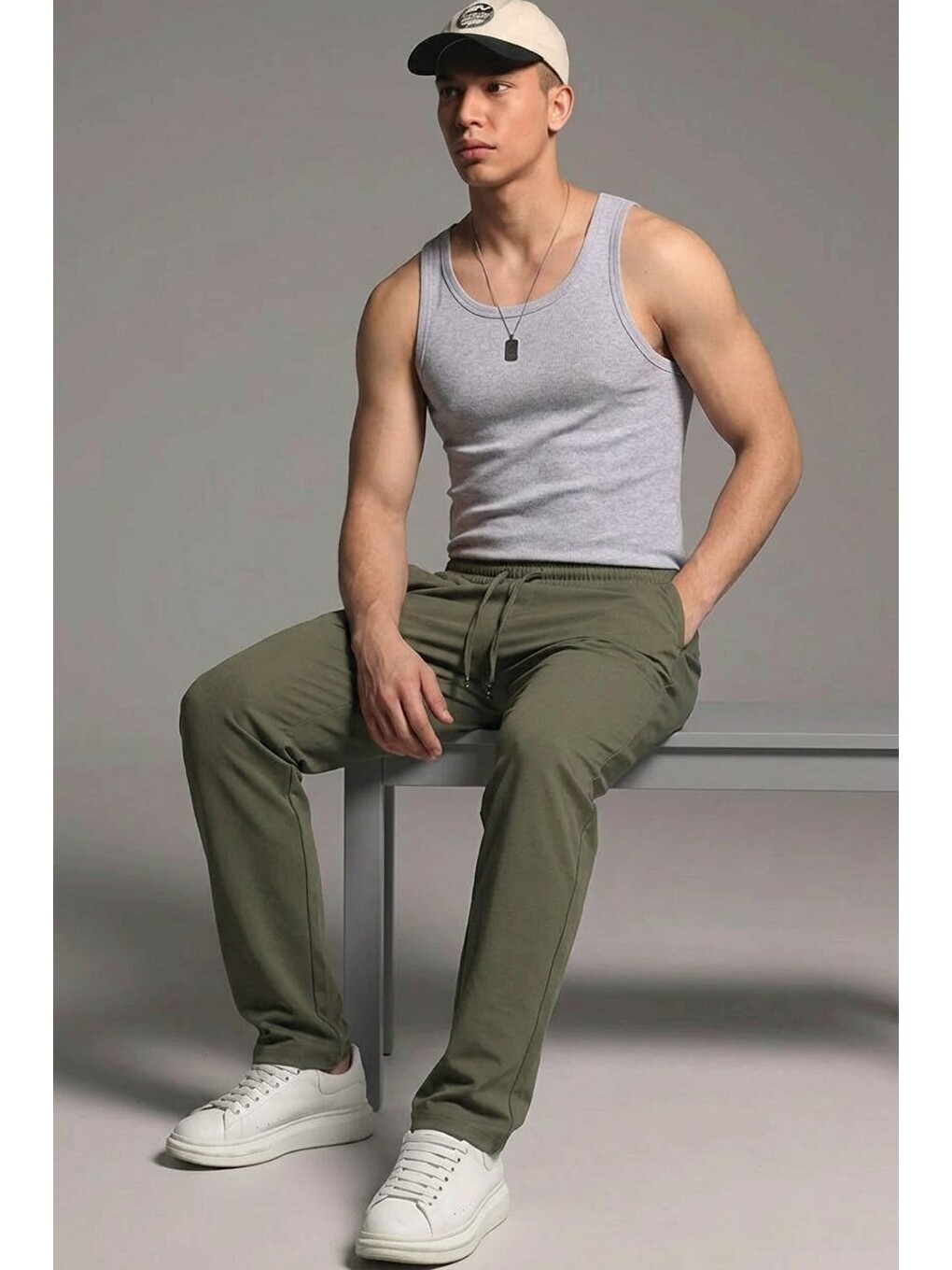 Erkek Esnek Casual Haki Baggy Pantolon-1