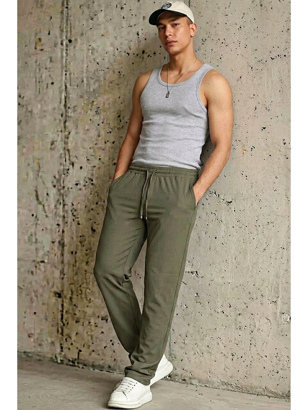 Erkek Esnek Casual Haki Baggy Pantolon-2