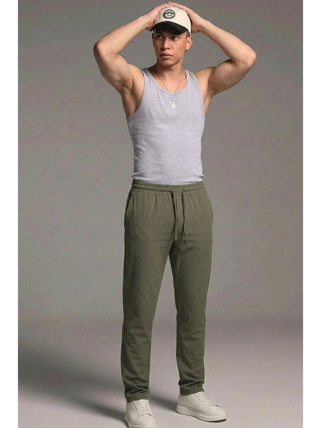 Erkek Esnek Casual Haki Baggy Pantolon-3