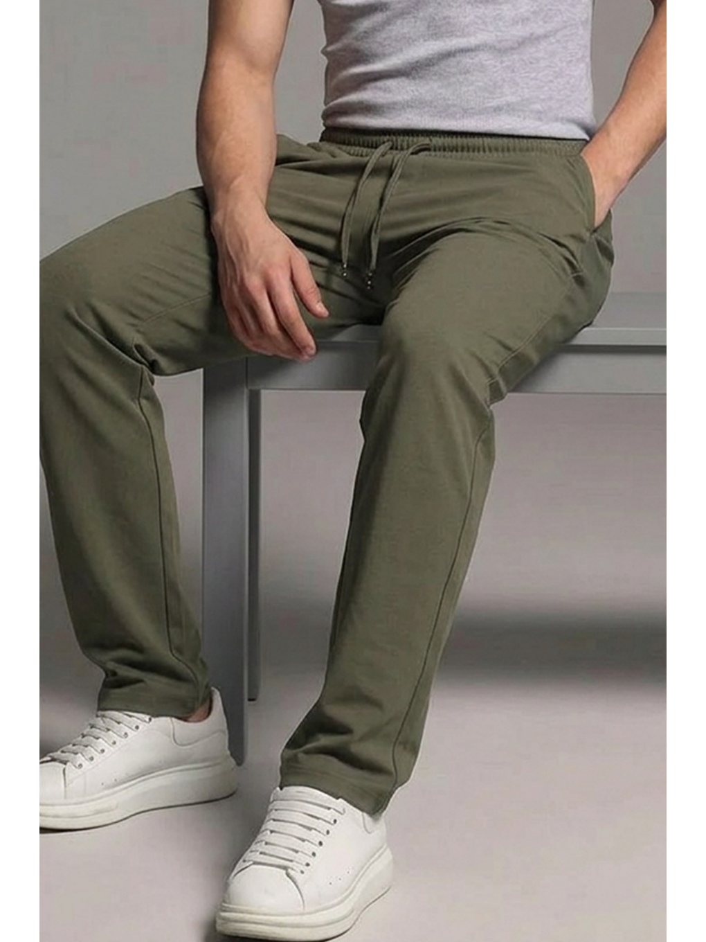 Erkek Esnek Casual Haki Baggy Pantolon-5