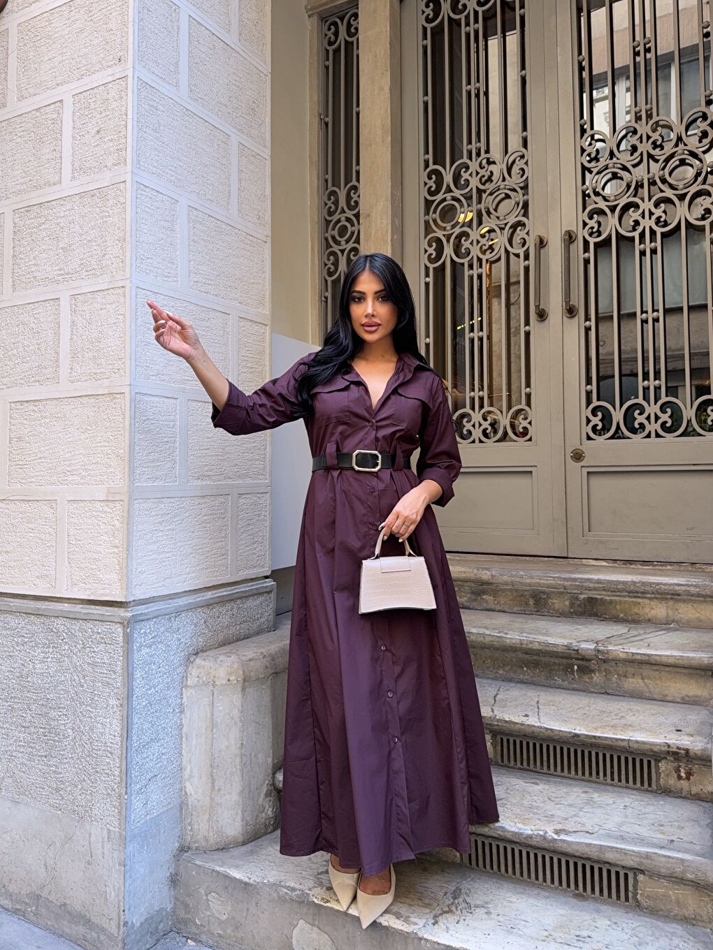 Bordo Çift Cep Detay Gömlek Elbise Mürdüm-4