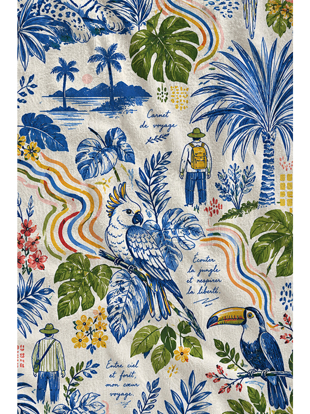 Chinoiserie Mavi Beyaz Tropikal Desenli 70x150 Plaj Havlusu - Dijital Baskılı Solmaz Banyo Havlusu-2