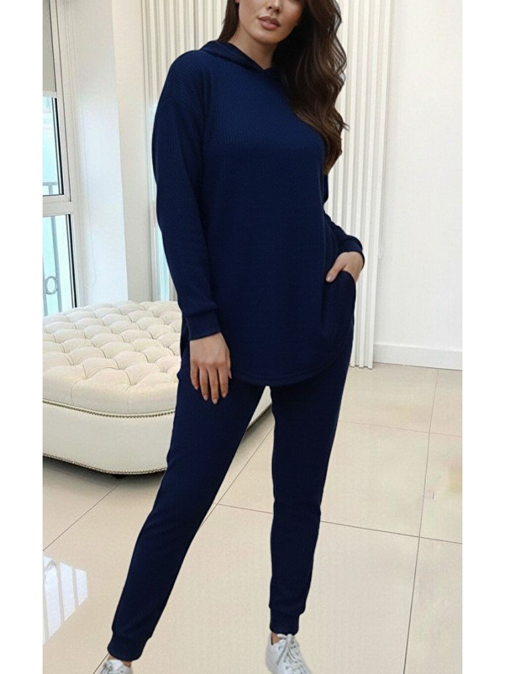 Lacivert Kadın Uzun Kollu Kapüşonlu Meloni Bluz Ve Pantolon Ikili Takım