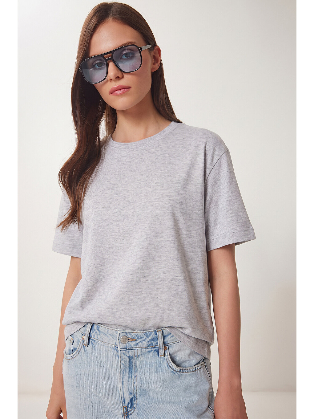 Gri Basic Pamuklu Örme T-shirt GRİ MELANJ LUS0094