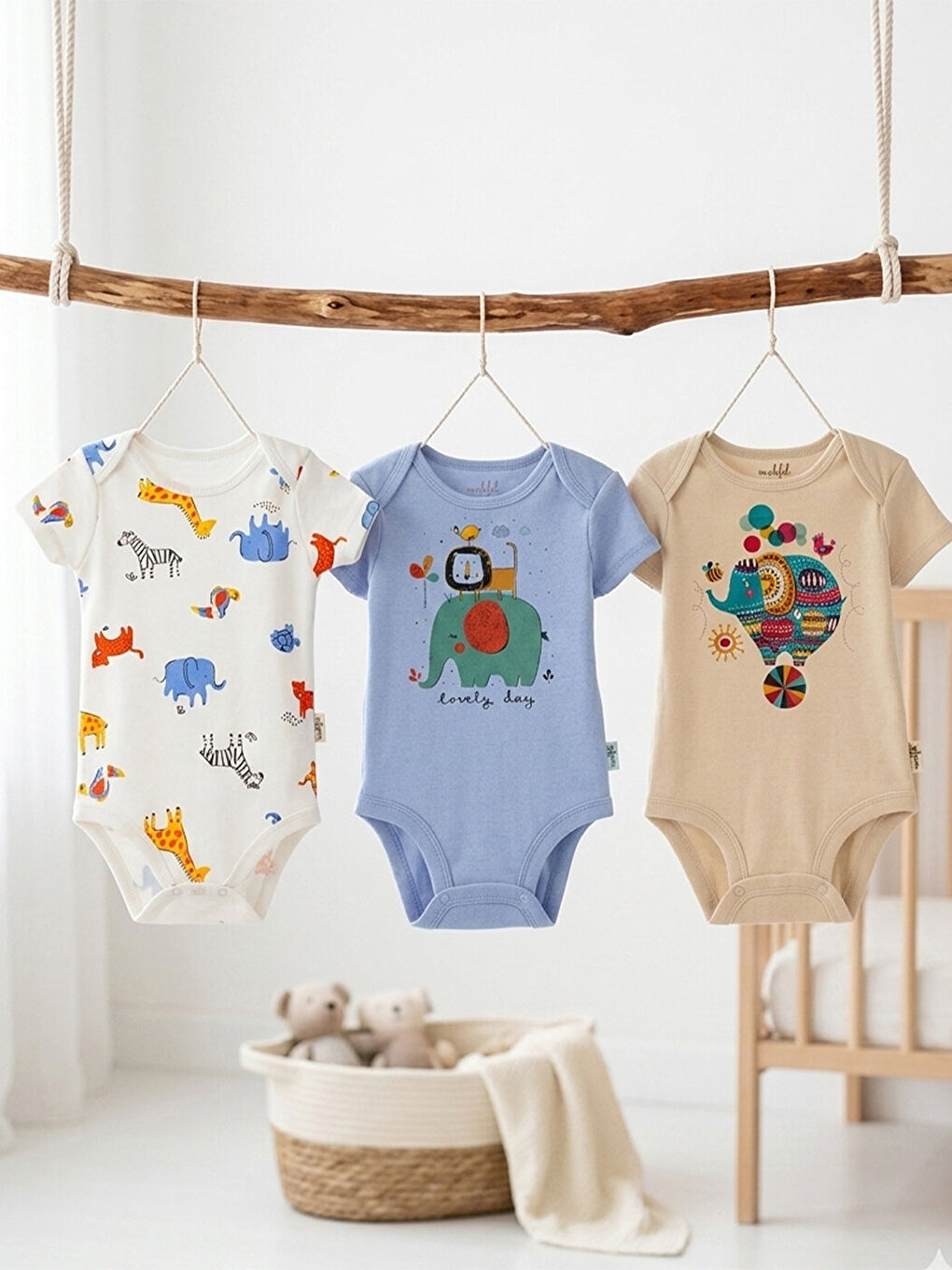 Turuncu 3'lü %100 Pamuklu Organik Baskılı Kısa Kollu Çıtçıtlı Bebek Body Zıbın 656-473-1