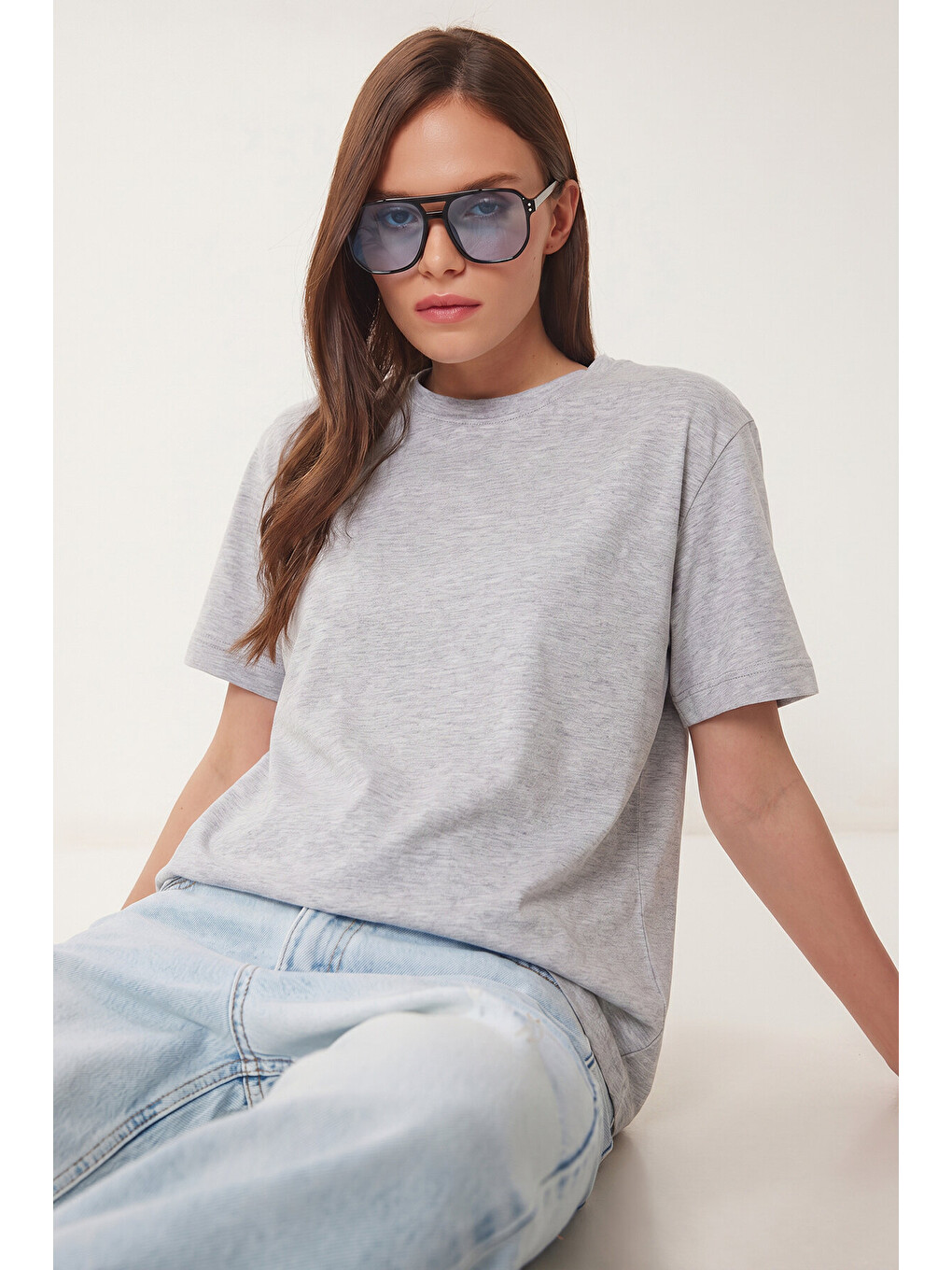 Gri Basic Pamuklu Örme T-shirt GRİ MELANJ LUS0094-1
