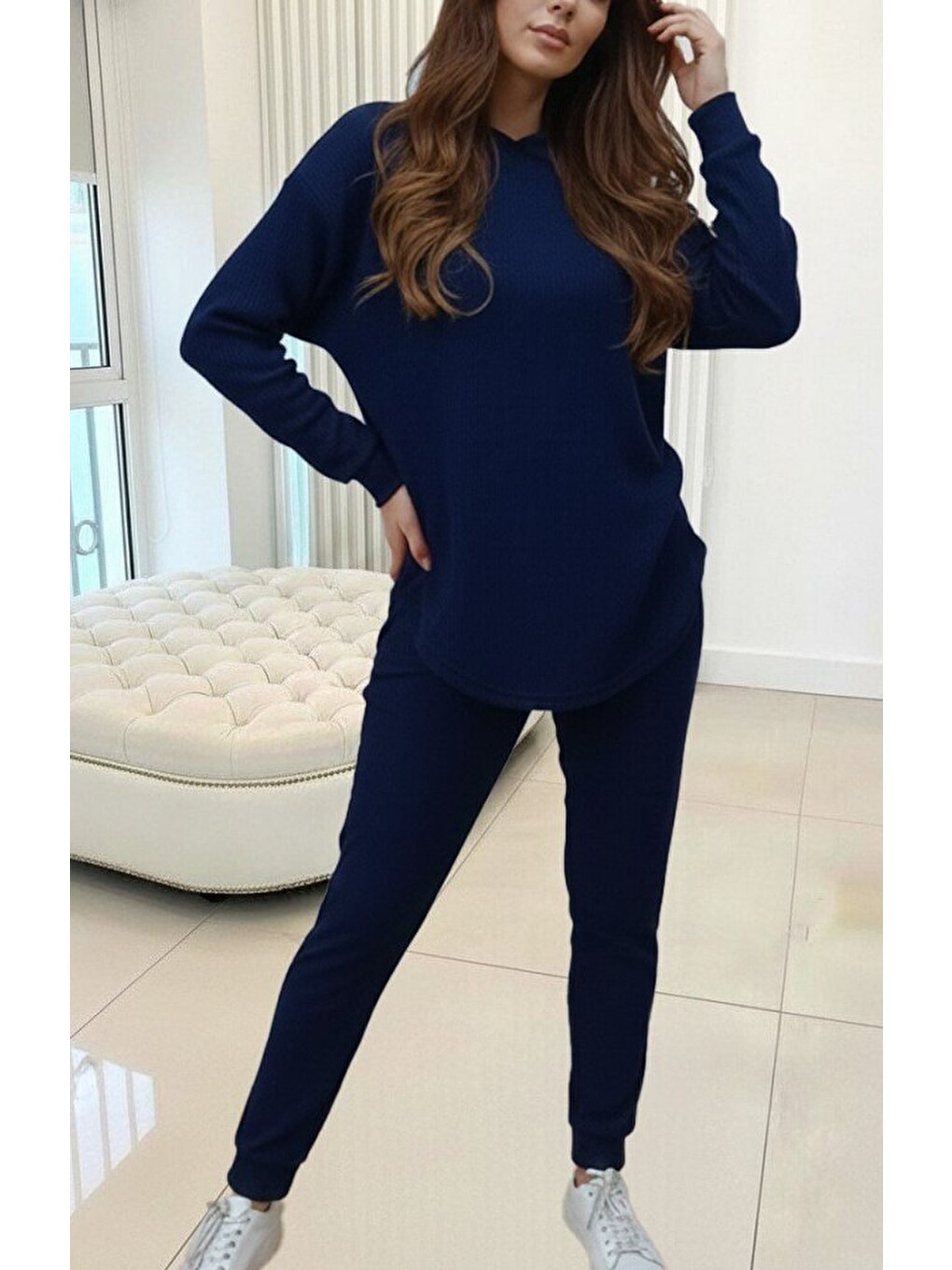 Lacivert Kadın Uzun Kollu Kapüşonlu Meloni Bluz Ve Pantolon Ikili Takım-1