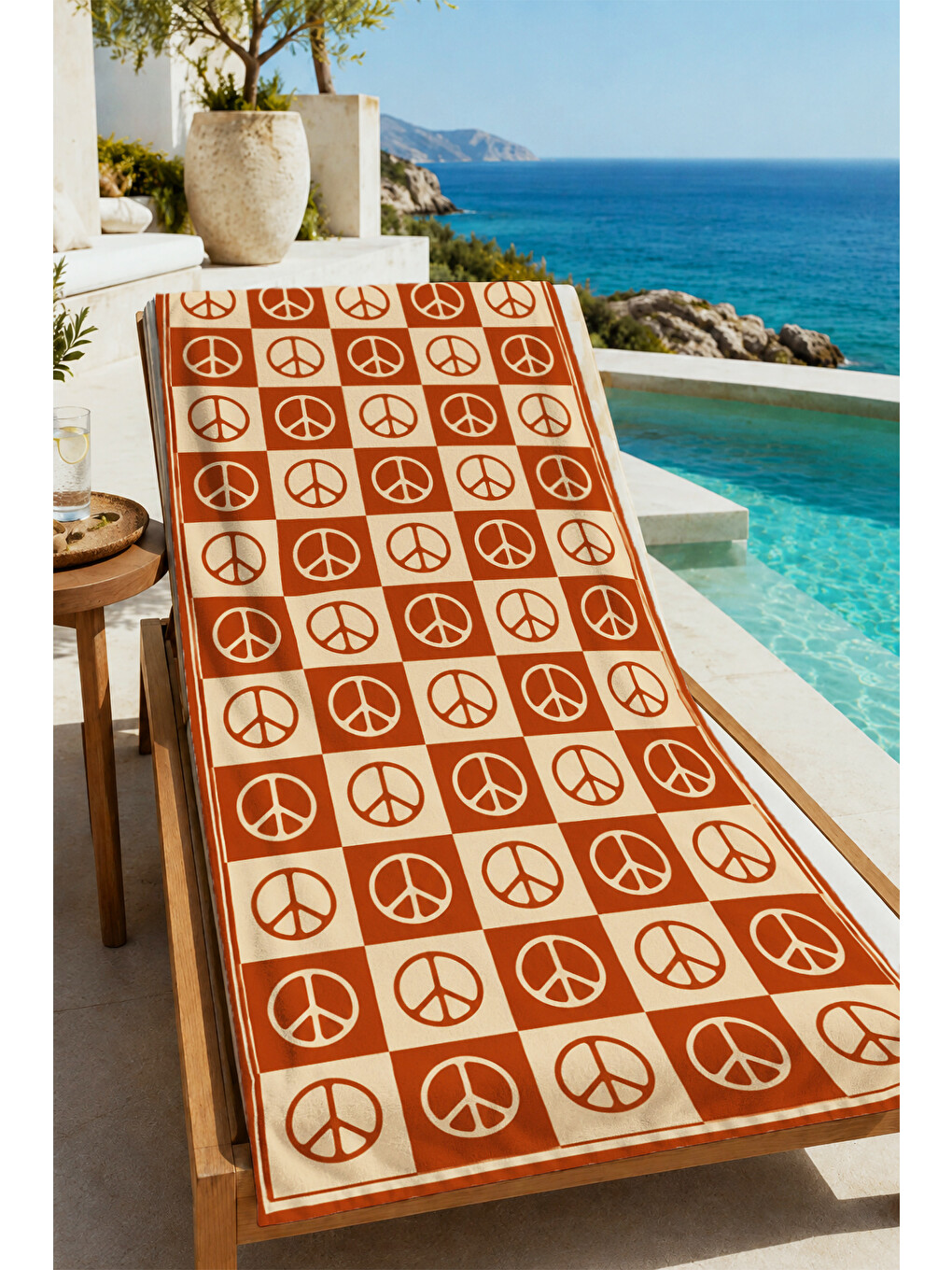 Retro Turuncu Beyaz Barış Sembolü Karo Desenli 70x150 Plaj Havlusu - Pamuklu Banyo Havlusu-4