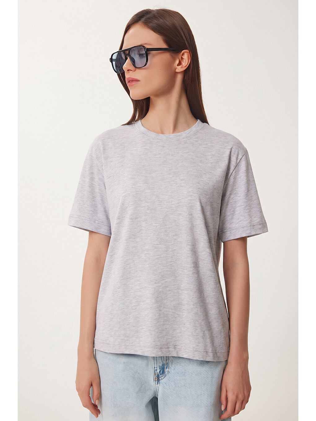 Gri Basic Pamuklu Örme T-shirt GRİ MELANJ LUS0094-2