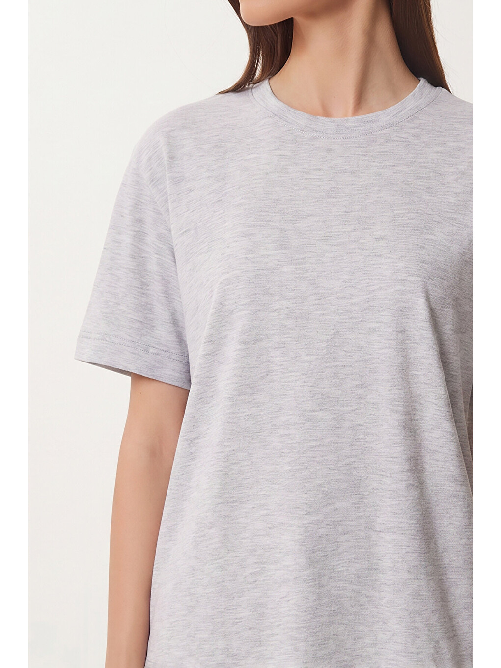 Gri Basic Pamuklu Örme T-shirt GRİ MELANJ LUS0094-3