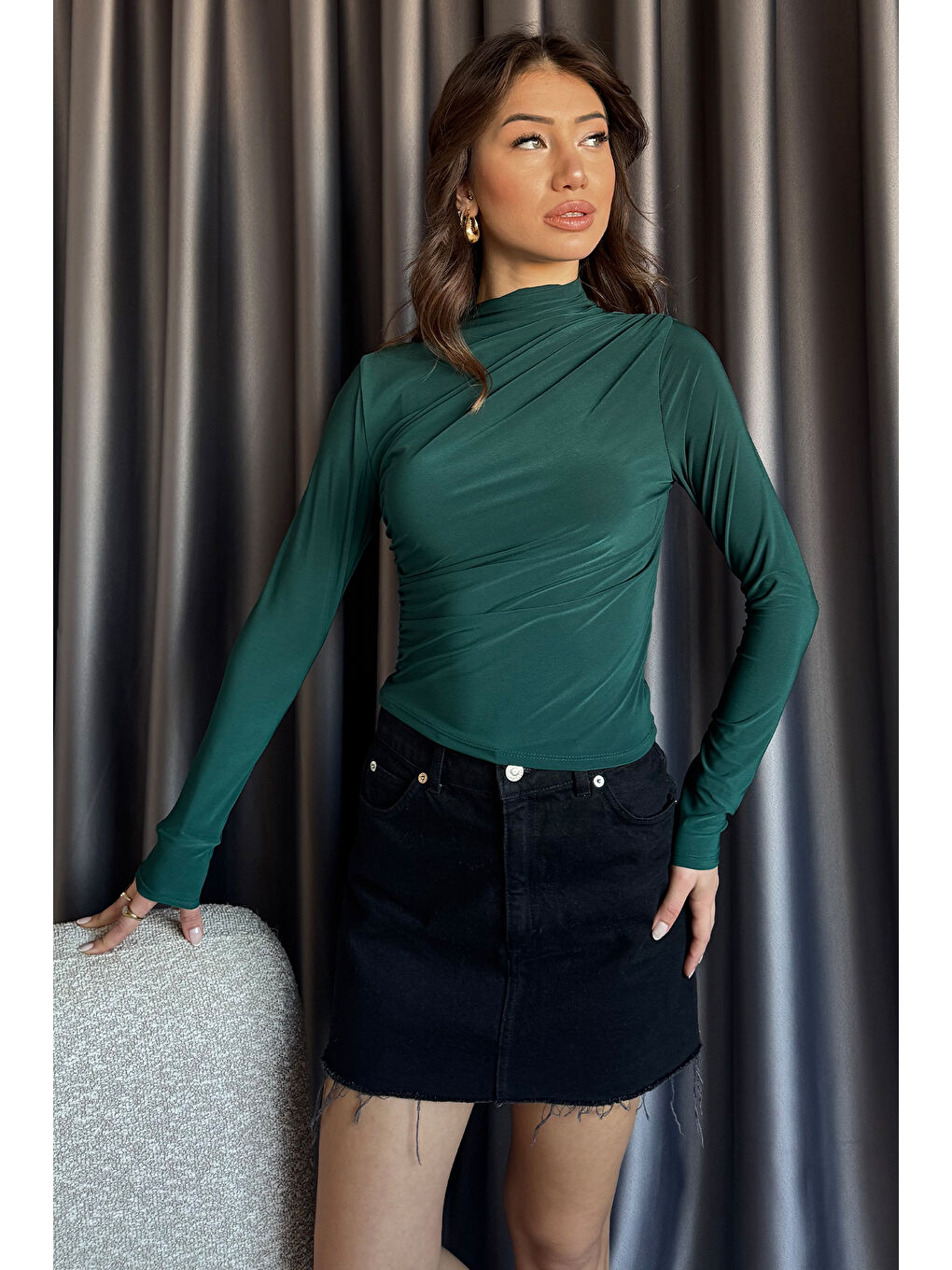 Yeşil Kadın Bel Ve Omuz Drapeli Bluz