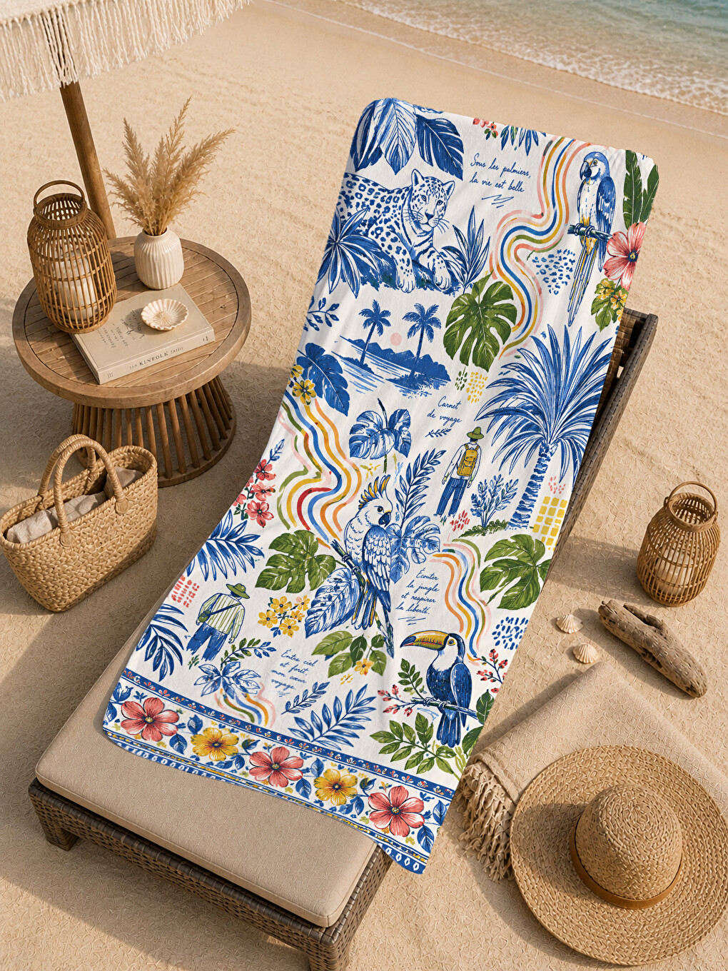 Chinoiserie Mavi Beyaz Tropikal Desenli 70x150 Plaj Havlusu - Dijital Baskılı Solmaz Banyo Havlusu-3