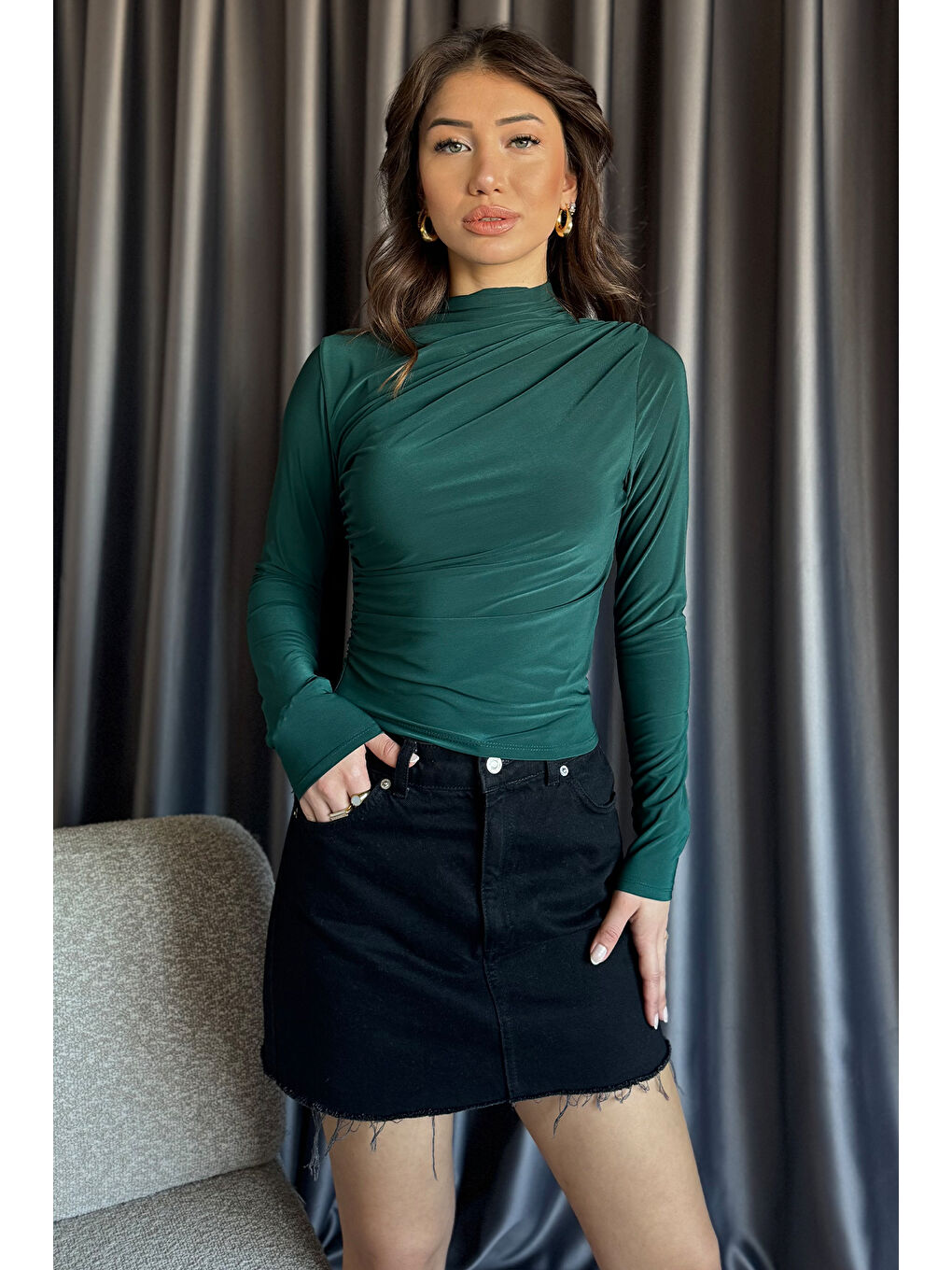 Yeşil Kadın Bel Ve Omuz Drapeli Bluz-1