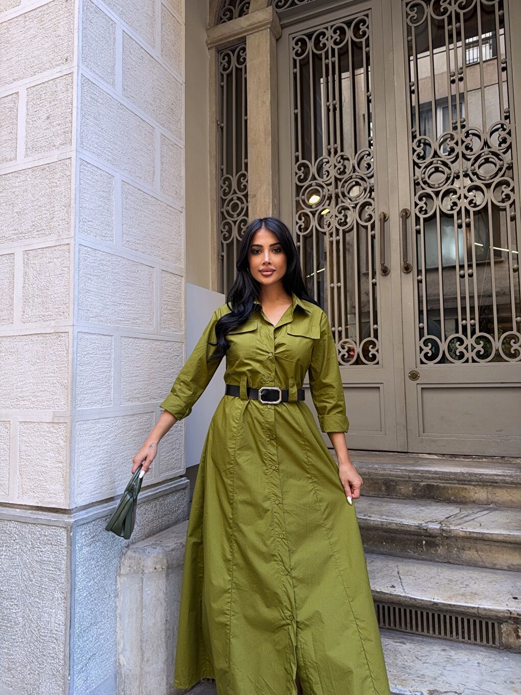 Çift Cep Detay Gömlek Elbise Yeşil-4