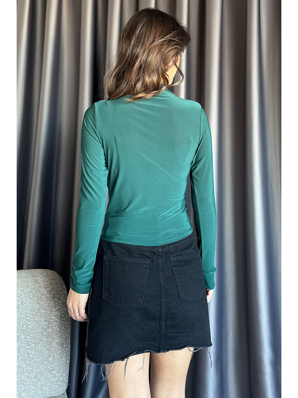 Yeşil Kadın Bel Ve Omuz Drapeli Bluz-3