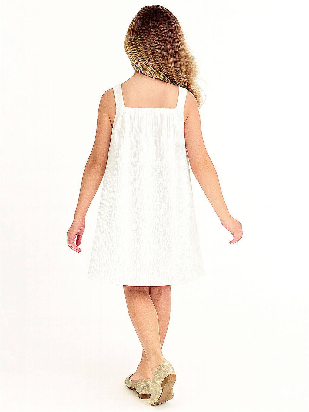 Çiçekli Kol Kız Çocuk Beyaz Elbise-1