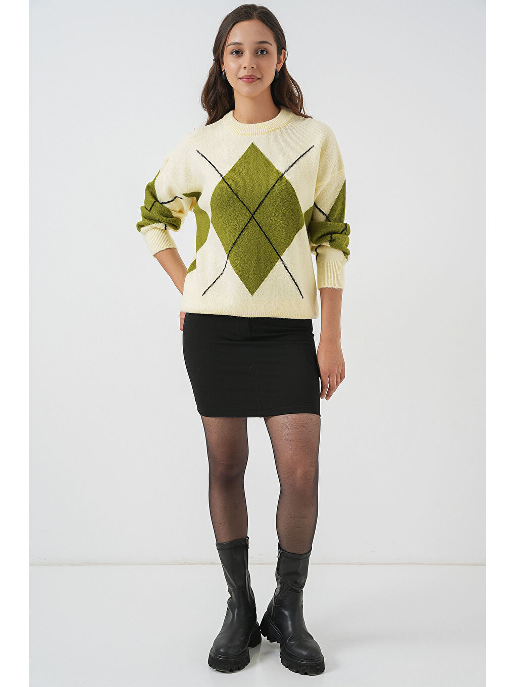 15895 Baklava Desenli Oversize Triko Kazak - Açık Sarı-1