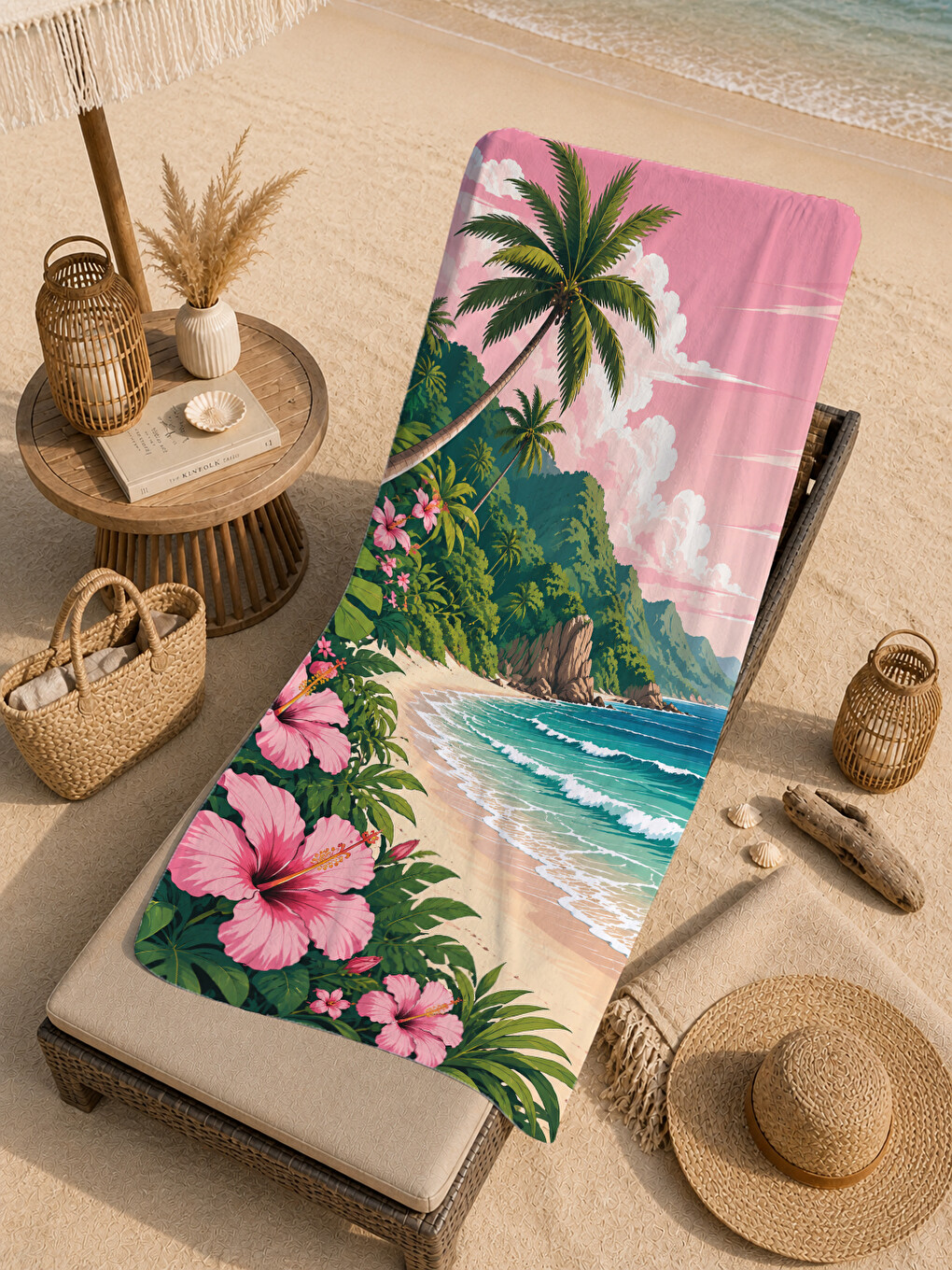 Tropikal Pembe Hibiskus Koy Desenli 70x150 Plaj Havlusu - Dijital Baskılı Solmaz Banyo Havlusu-1