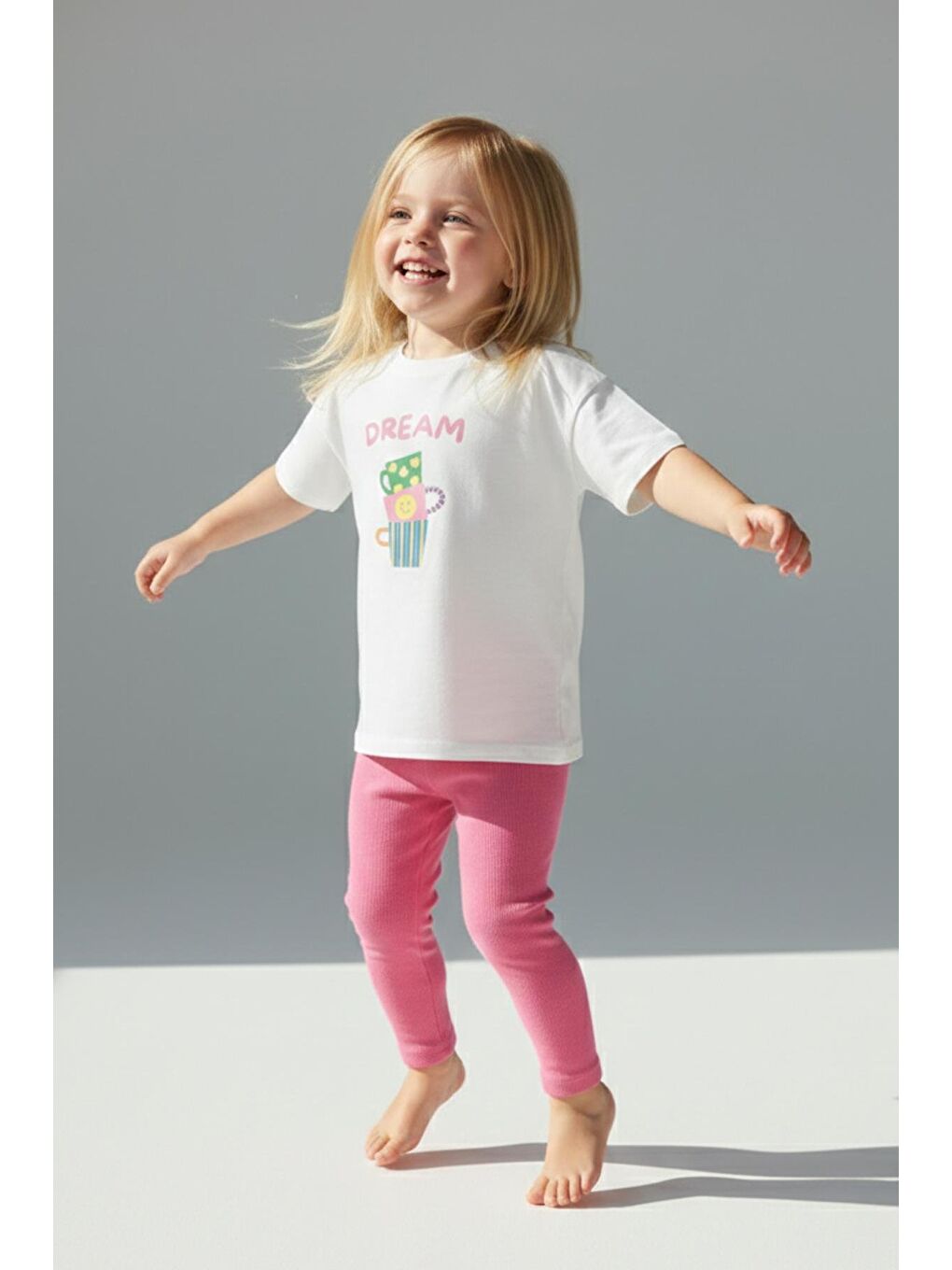 Kız Çocuk Pamuklu Ekru Baskılı T-Shirt Ve Pembe Fitilli Tayt 2'Li Takım-1