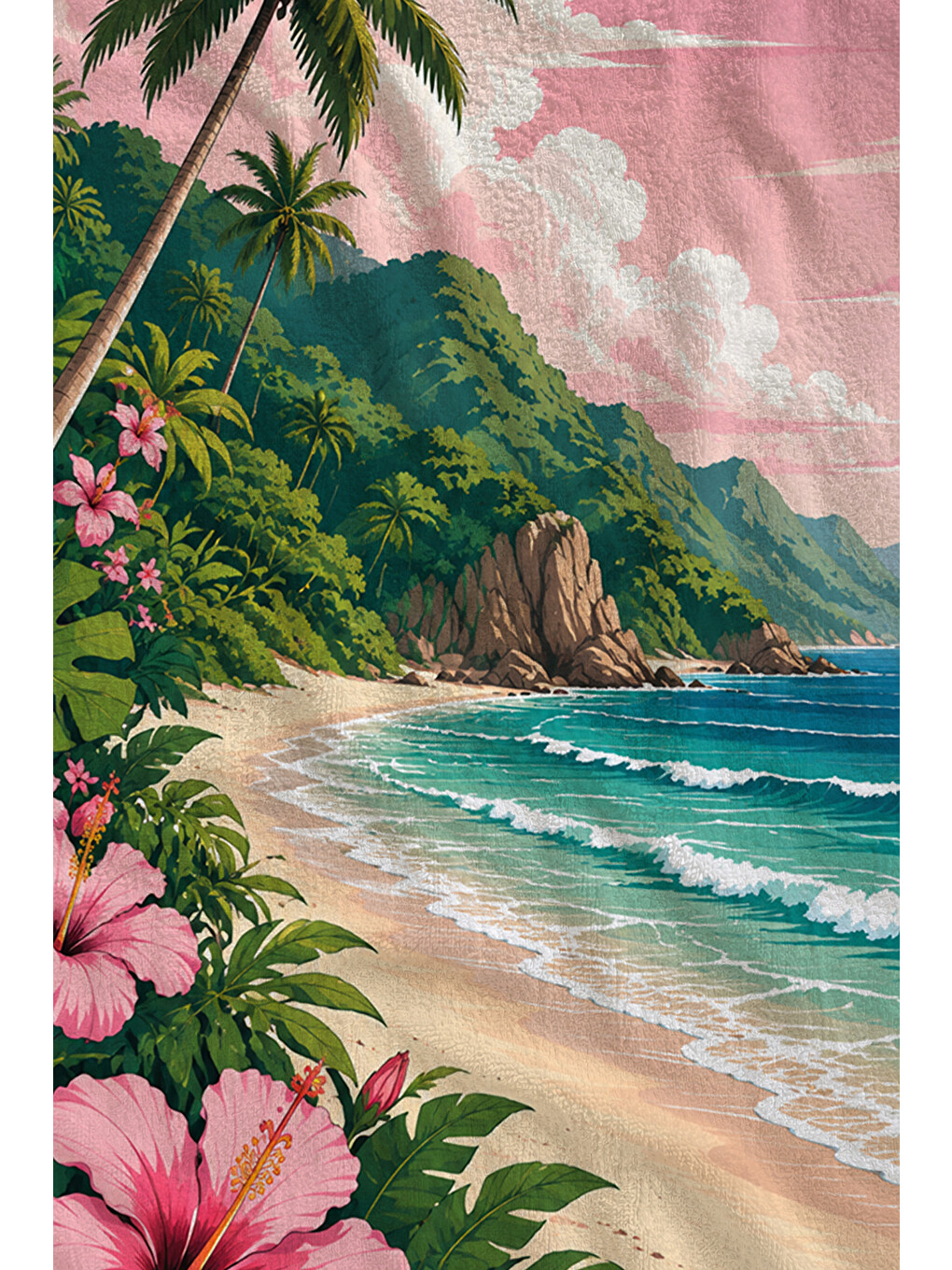 Tropikal Pembe Hibiskus Koy Desenli 70x150 Plaj Havlusu - Dijital Baskılı Solmaz Banyo Havlusu-2