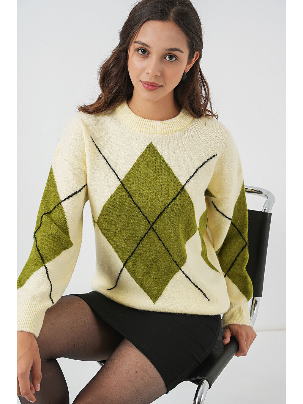 15895 Baklava Desenli Oversize Triko Kazak - Açık Sarı-2