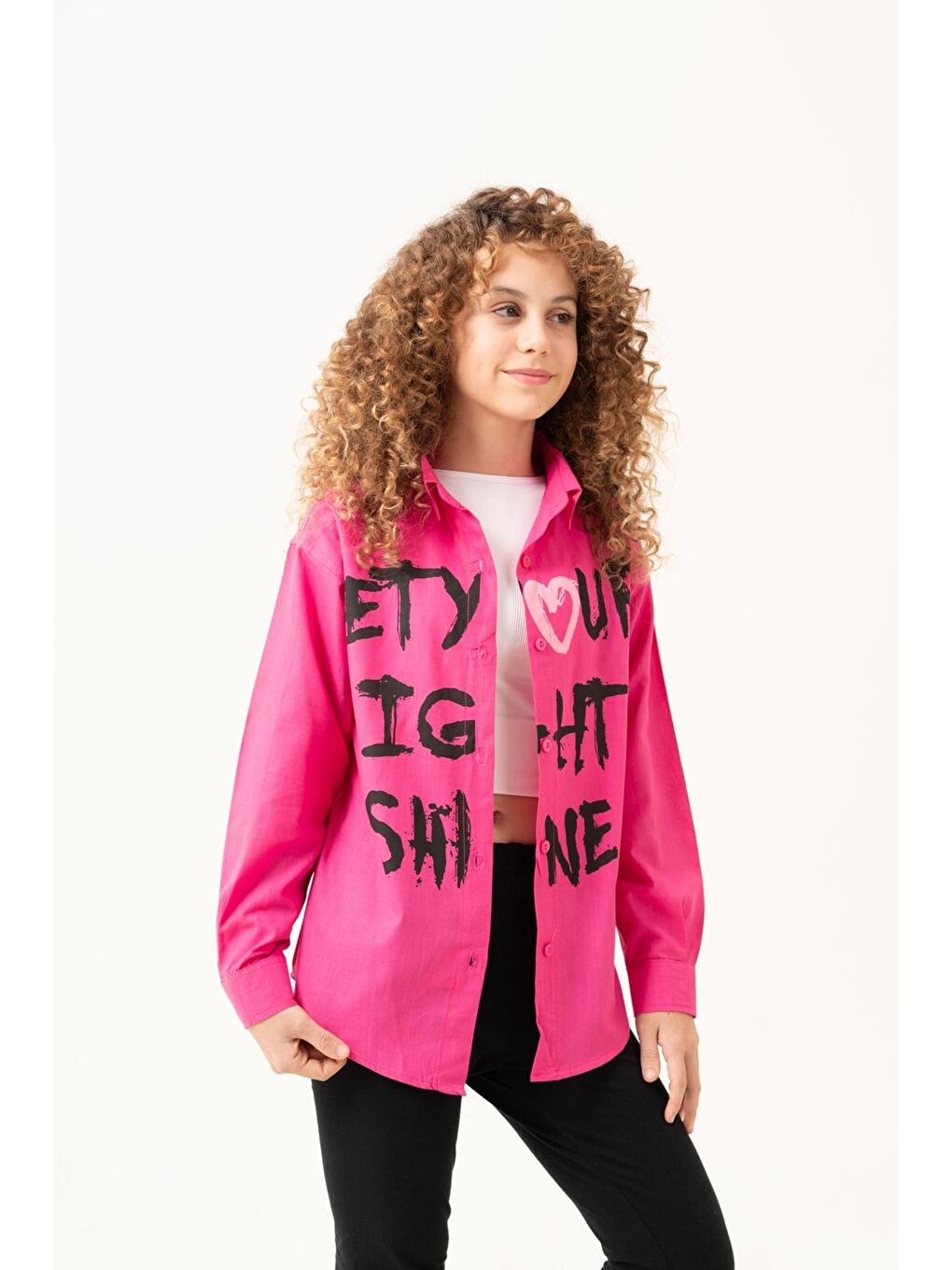 Fuşya Kız Çocuk Yazı Baskılı Gömlek P1039