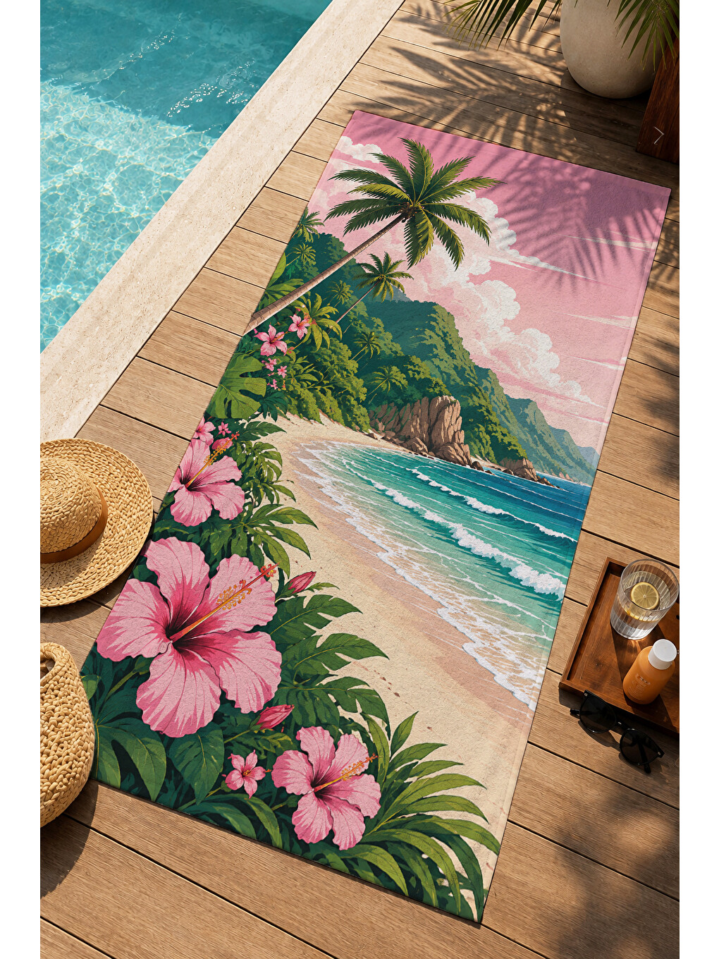 Tropikal Pembe Hibiskus Koy Desenli 70x150 Plaj Havlusu - Dijital Baskılı Solmaz Banyo Havlusu-3