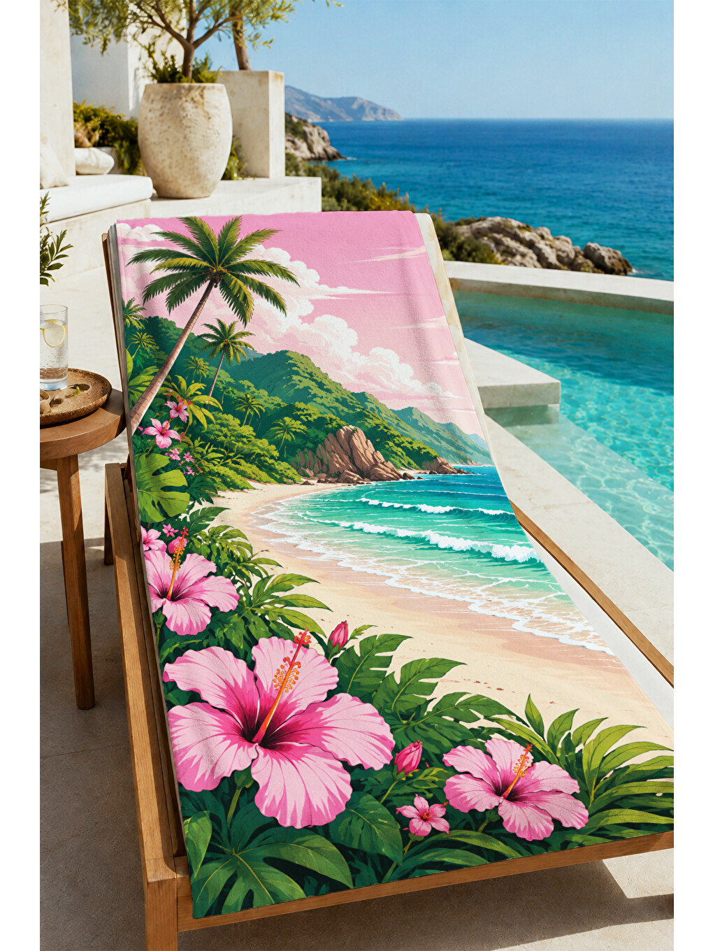 Tropikal Pembe Hibiskus Koy Desenli 70x150 Plaj Havlusu - Dijital Baskılı Solmaz Banyo Havlusu-4