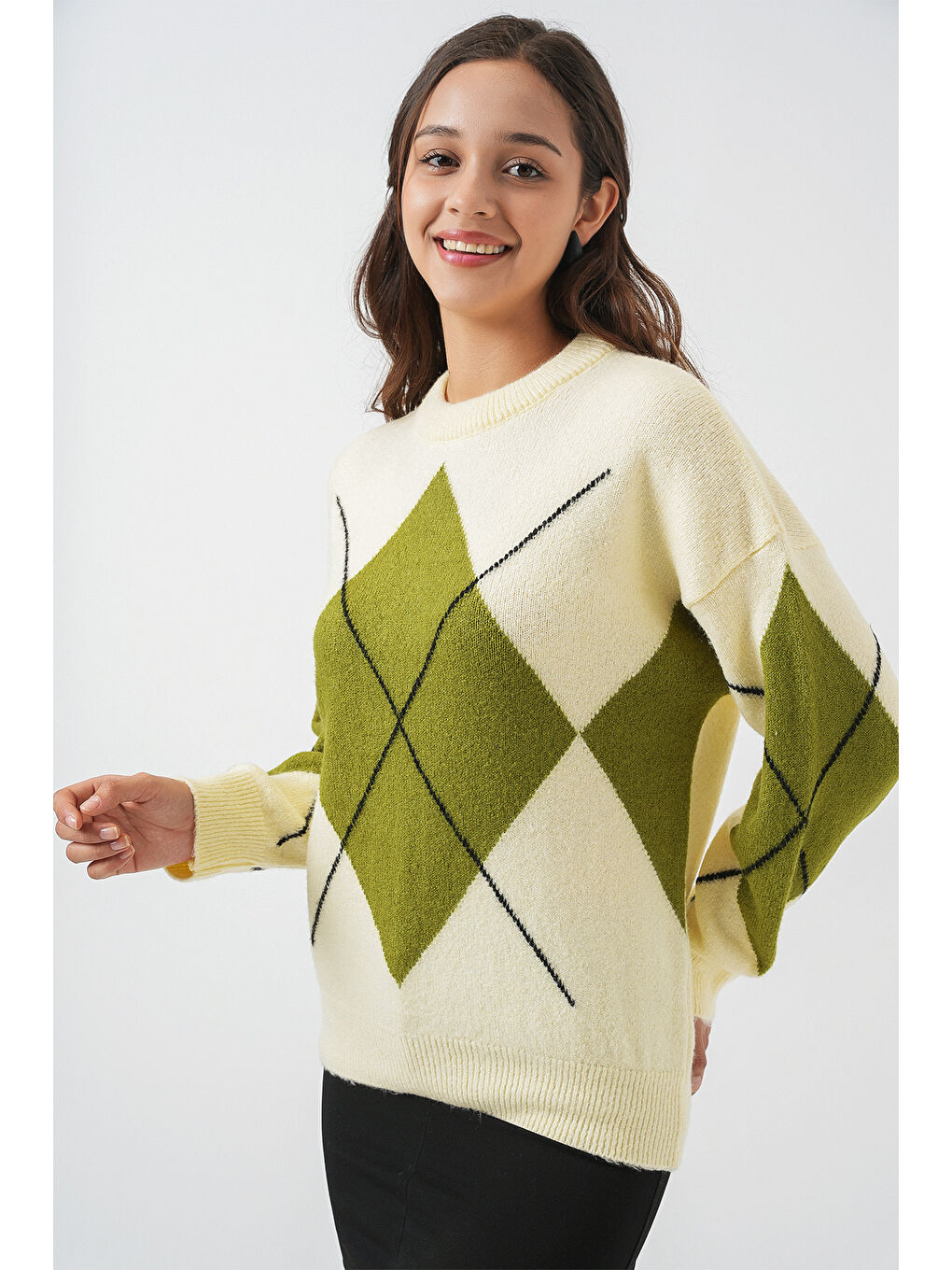 15895 Baklava Desenli Oversize Triko Kazak - Açık Sarı-3