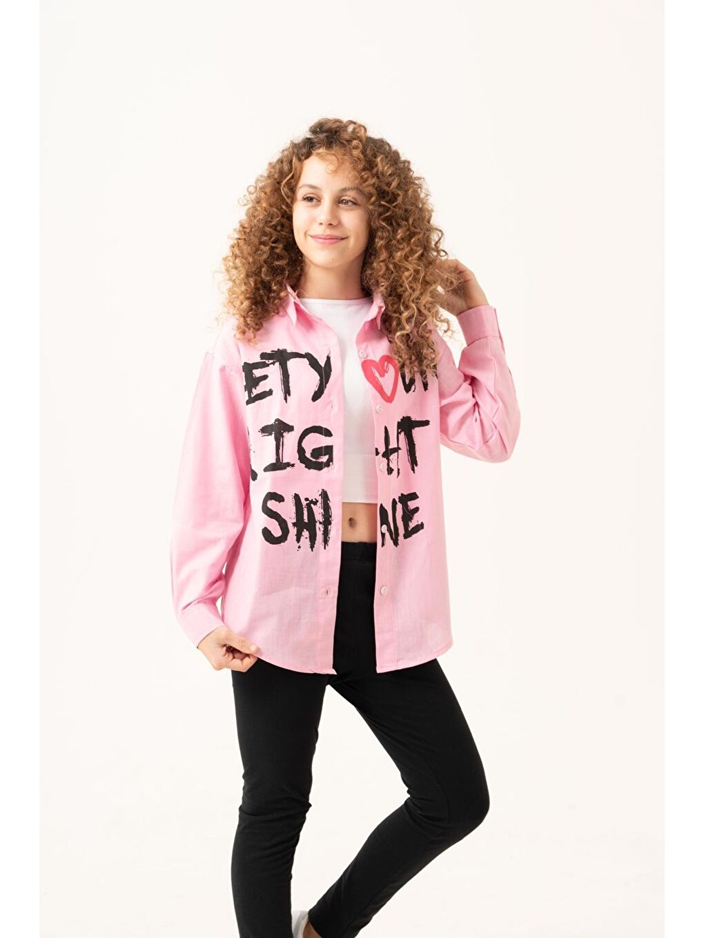 Pembe Kız Çocuk Yazı Baskılı Gömlek P1039