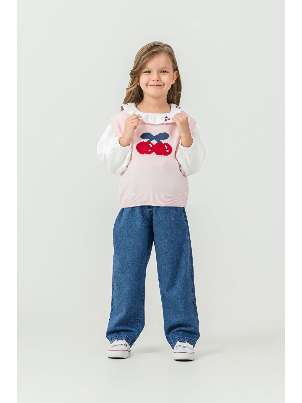 Pembe Kız Çocuk Triko Kazak-Gömlek-Jean Pantolon 3'lü Takım