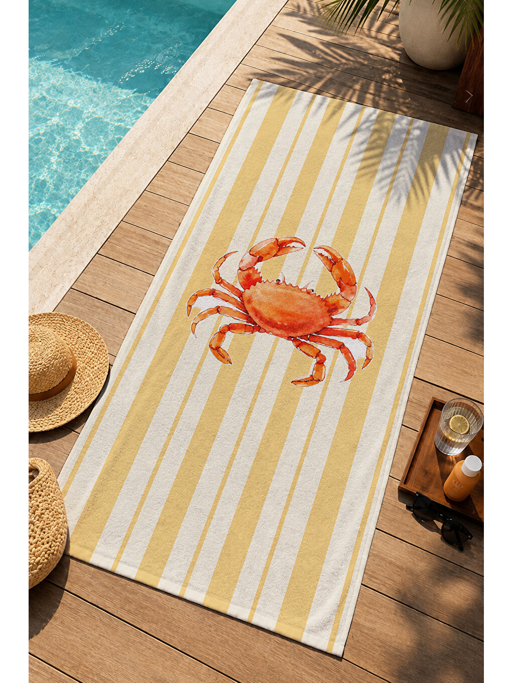 Retro Sarı Çizgili Yengeç Figürlü Yazlık Desenli 70x150 Plaj Havlusu - Pamuklu Banyo Havlusu-3