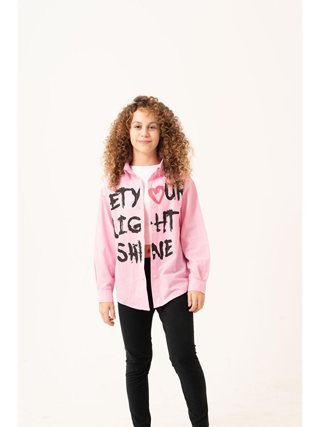 Pembe Kız Çocuk Yazı Baskılı Gömlek P1039-1