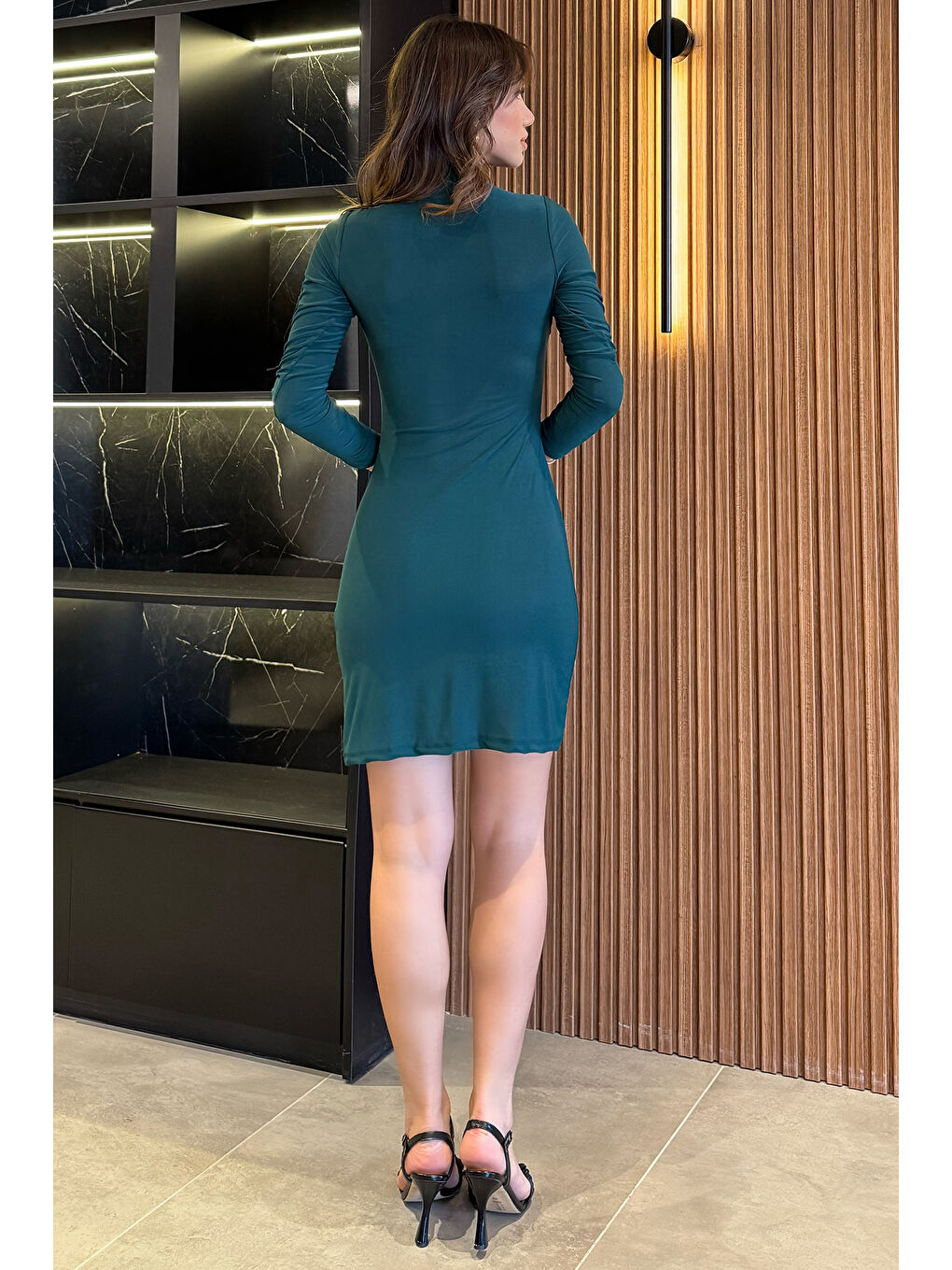 Yeşil Kadın Omuz Ve Bel Drapeli Elbise-2