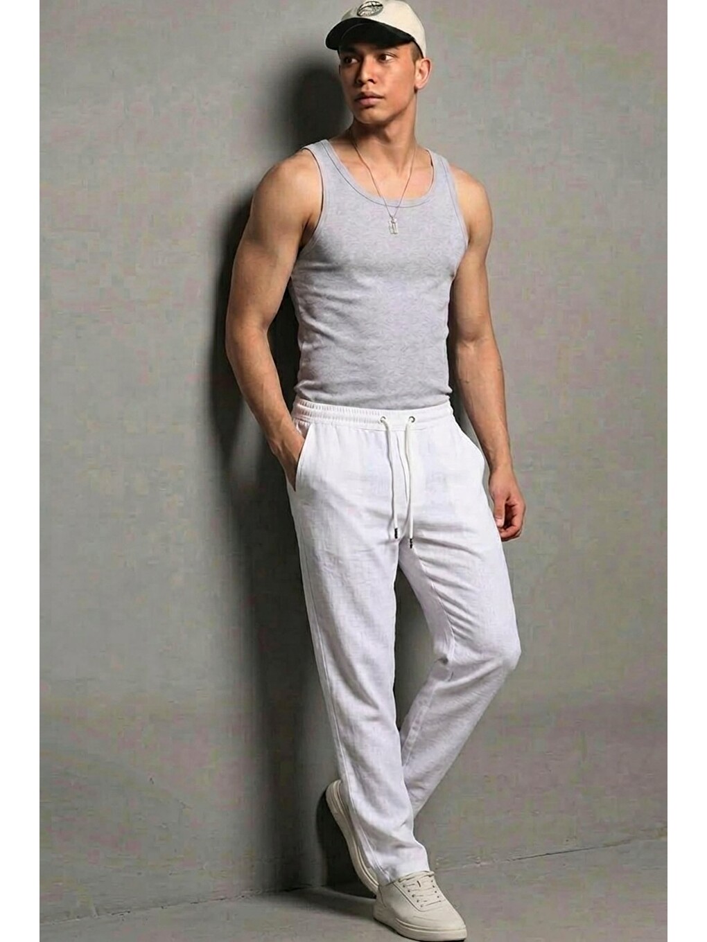 Erkek Esnek Casual Beyaz Baggy Pantolon