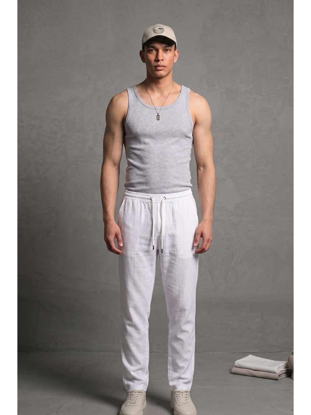 Erkek Esnek Casual Beyaz Baggy Pantolon-1
